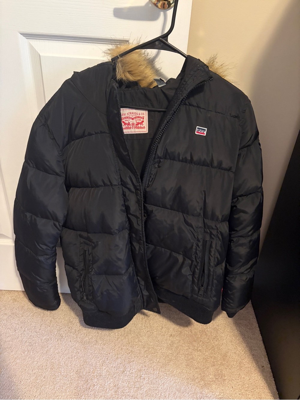 Levi's Black Puffer Jacket with Faux Fur Hood